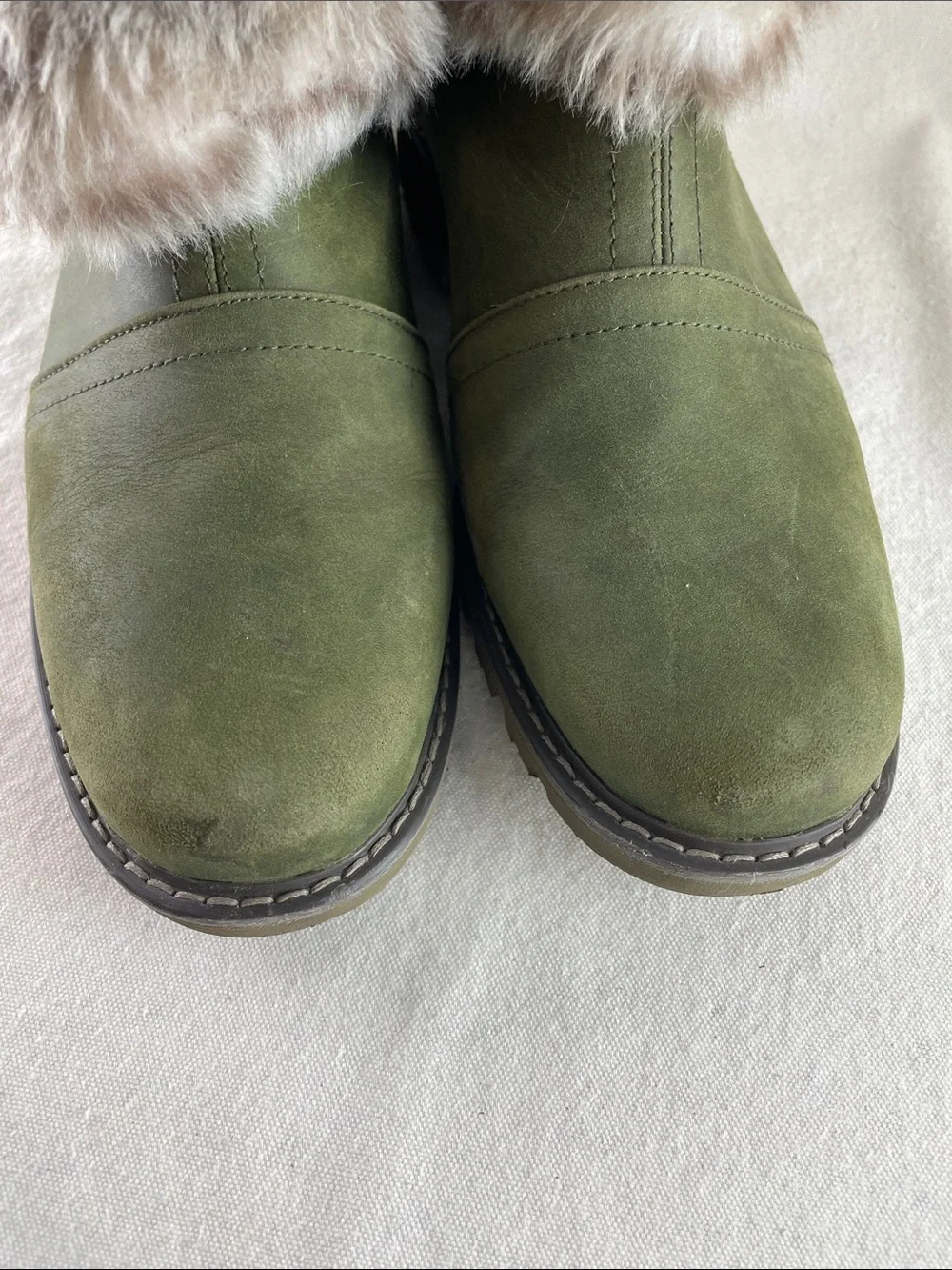 CAT Faux Fur Cuff Ankle Boots - Olive Green Size 11